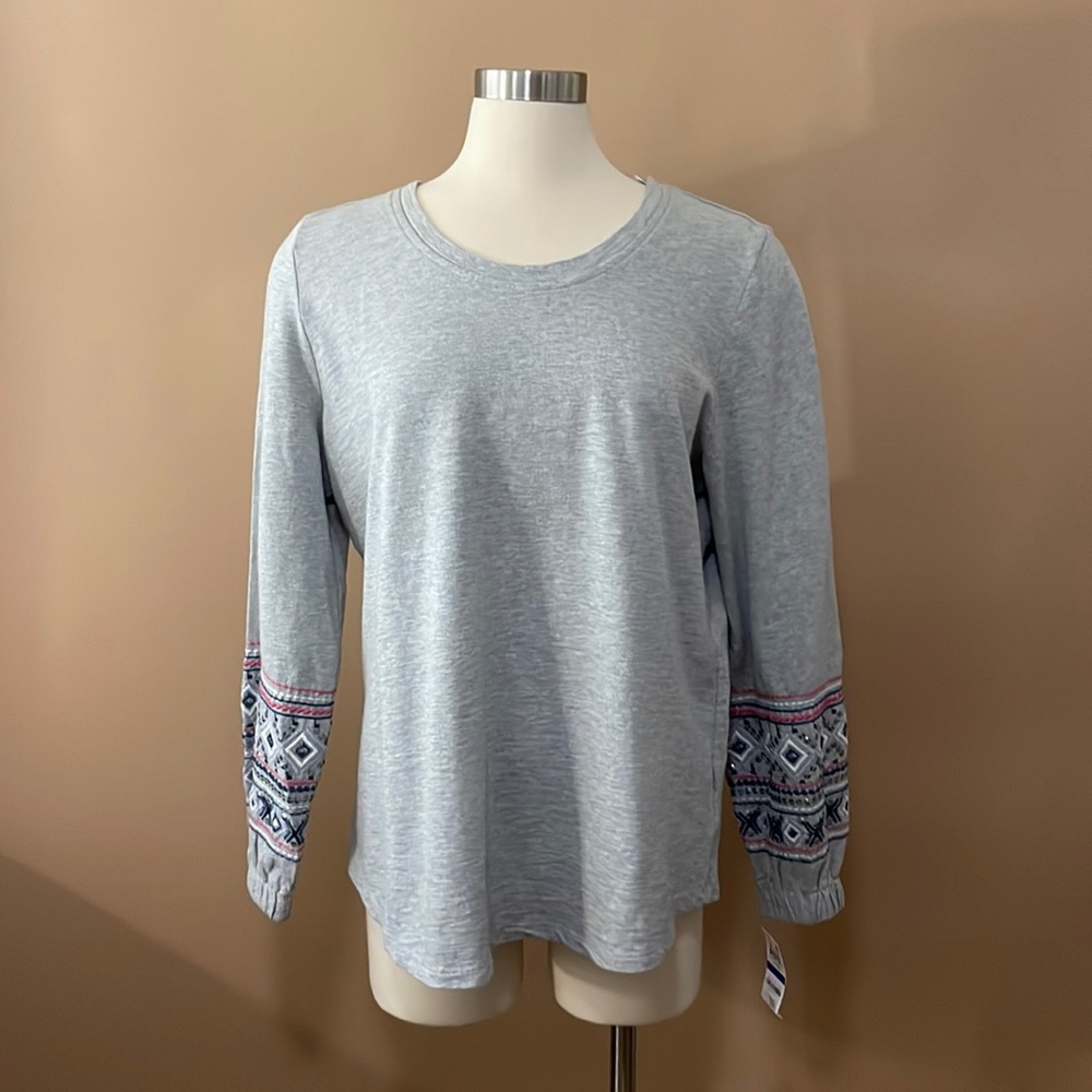 Style & Co Gray Boho Embroidered Long Sleeve Top Size XL Lightweight Knit